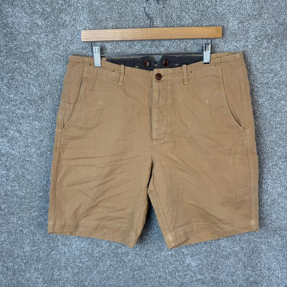 Wallace & Barnes J.Crew Mens Size 34 Tan Cotton Linen Chino Shorts Button Fly